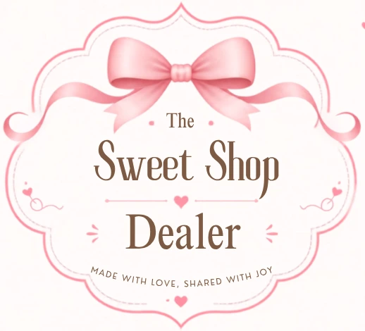 The Sweet Shop Dealer’s pink bow logo, with the words Made with love, shared with joy.